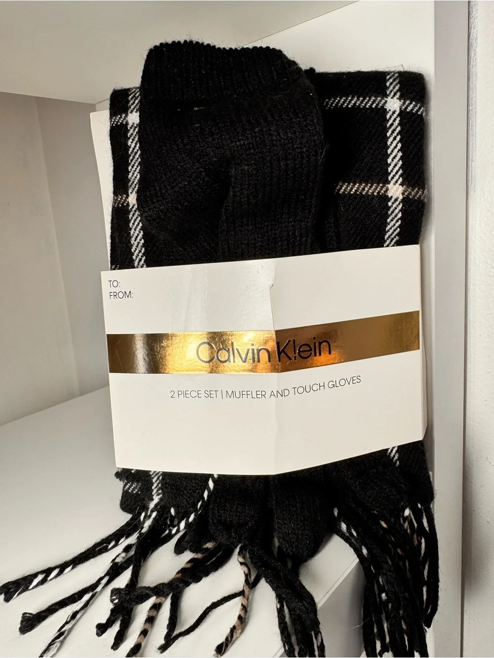 Calvin Klein Black Plaid Scarf and Touchscreen Gloves Set